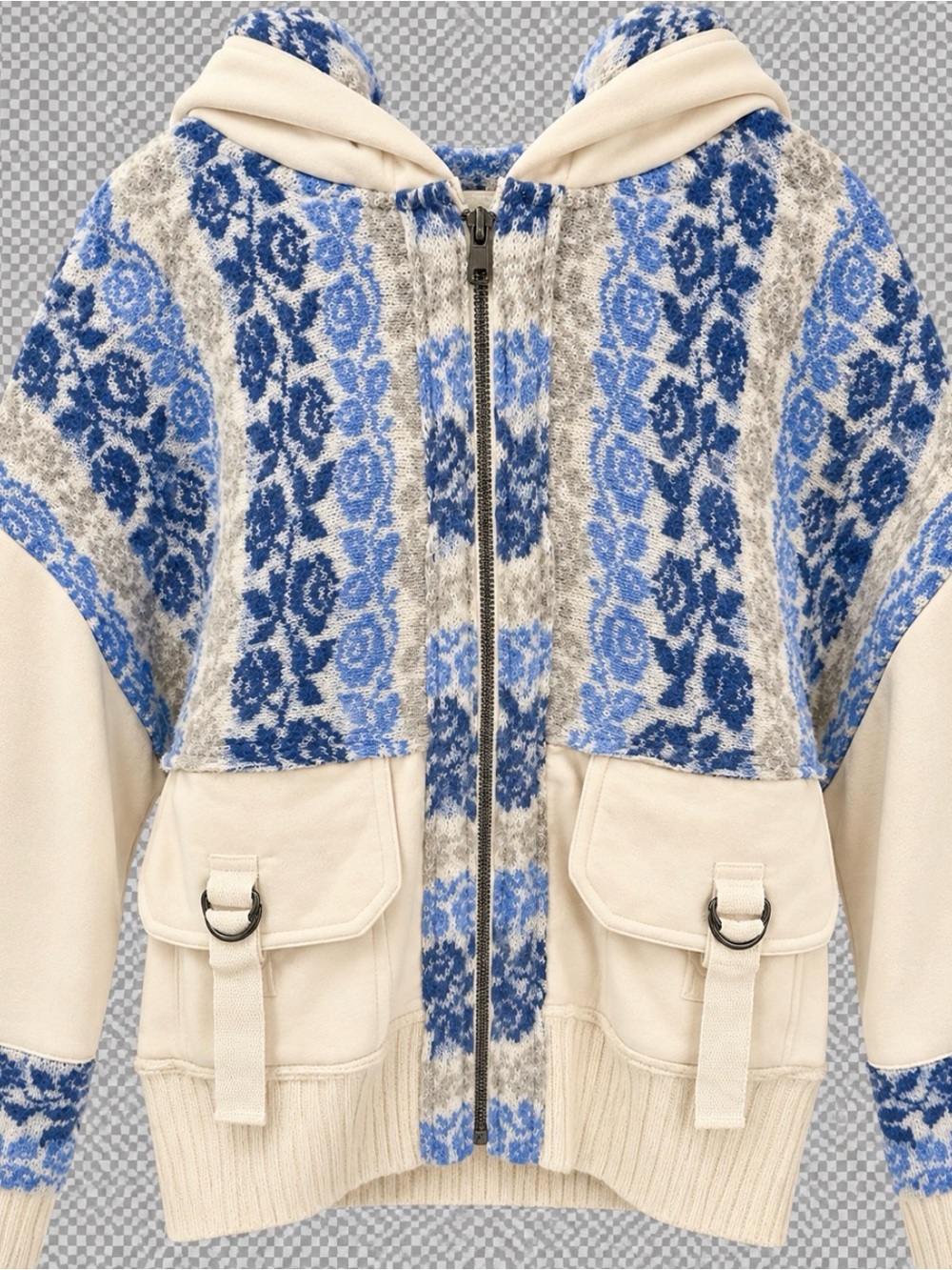 Free People Cream and Blue Patterned Hooded Jacket